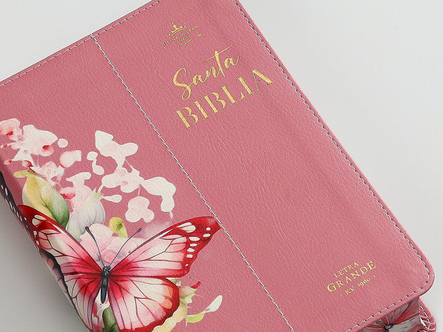 Biblia Portátil  mujer 12 puntos RV1960, imit piel flores rosa con canto floral
