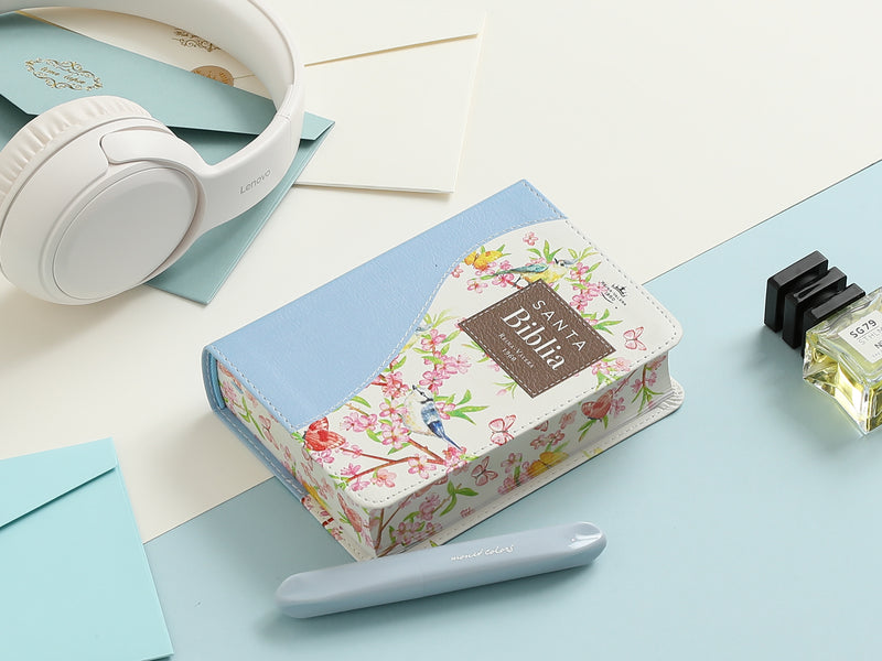 Biblia de Bolsillo Reina valera 1960 imit piel con canto floral celeste 8 puntos