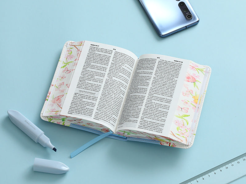 Biblia de Bolsillo Reina valera 1960 imit piel con canto floral celeste 8 puntos
