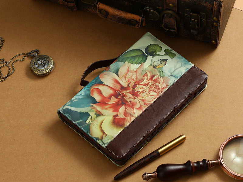 Biblia con Cierre Letra Grande 12 puntos para Mujer RV1960 imit piel marrón floral con índice, canto floral, y asa de mano