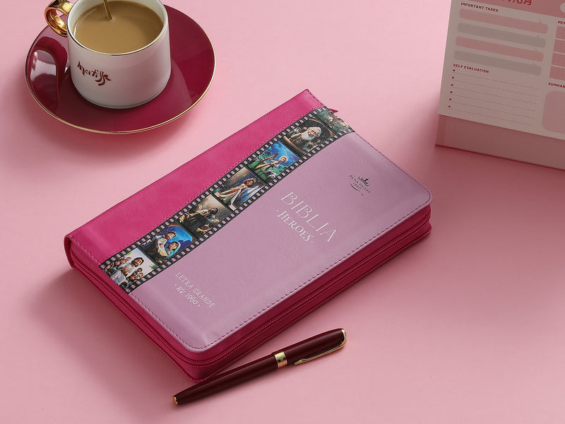 Biblia Héroes de la Fe con Cierre  con letra grande  RV1960 imit piel rosa