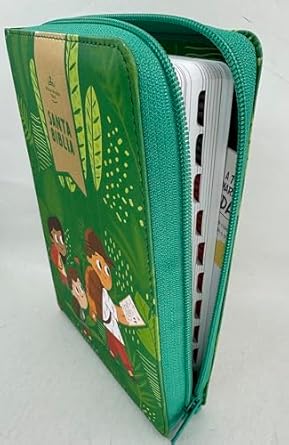 Biblia para Niños Letra Grande Interactiva con Cierre RV1960 tela verde con indice 12 puntos