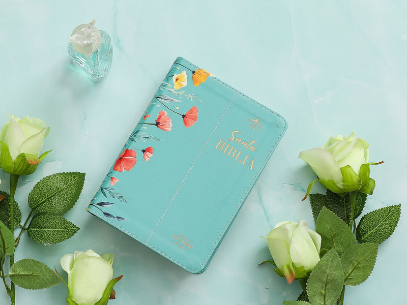 Biblia Portátil 12 puntos RV1960, imit piel flores turquesa con canto floral