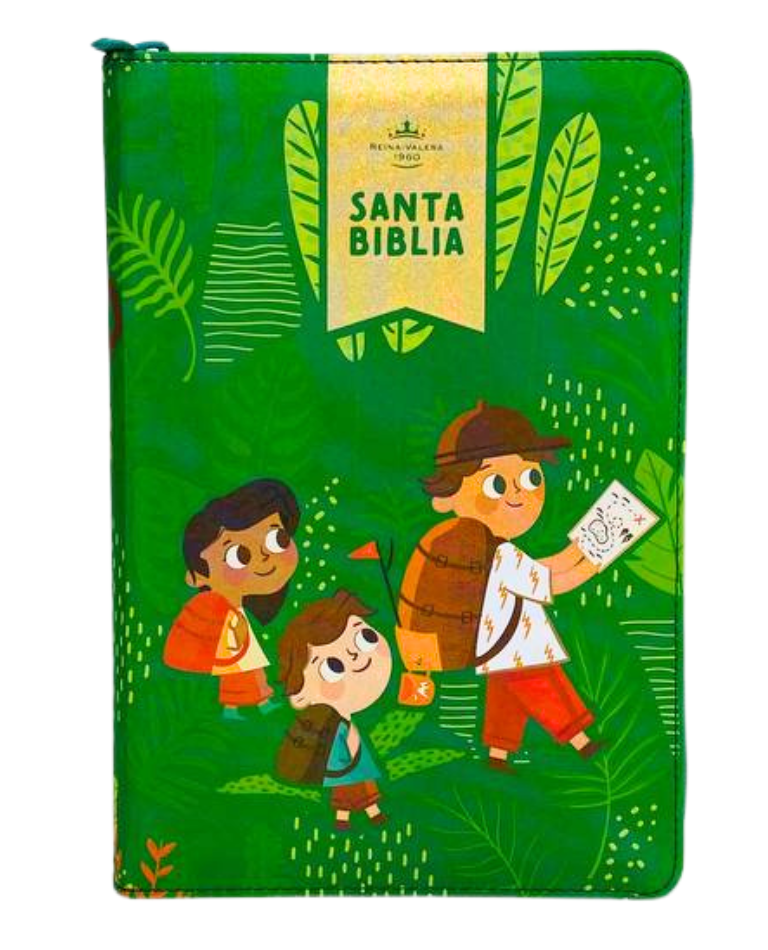 Biblia para Niños Letra Grande Interactiva con Cierre RV1960 tela verde con indice 12 puntos