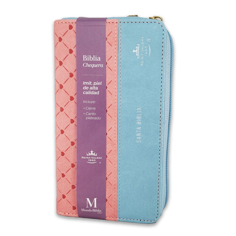 Biblia Chequera para Mujeres RV1960 rosada y celeste pequeña con lazo y agarradera de mano