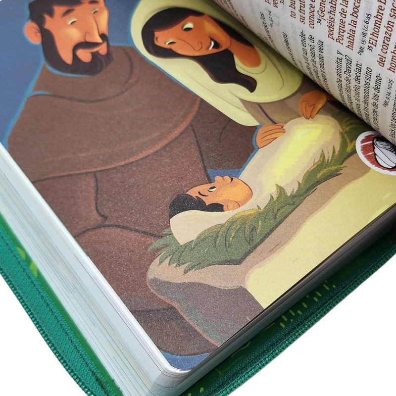 Biblia RVR 1960 Interactiva Para Niños Letra Grande Verde Símil Piel Con Cierre