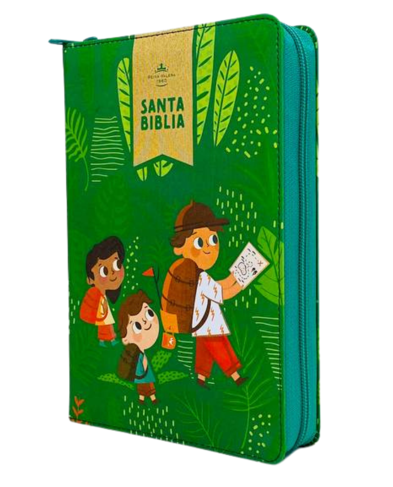 Biblia para Niños Letra Grande Interactiva con Cierre RV1960 tela verde con indice 12 puntos