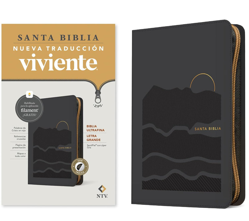 Biblia ultrafina NTV, letra grande de zíper con Filament (SentiPiel, Gris, Índic