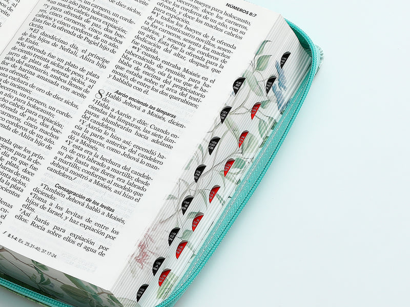 Biblia con Cierre Letra Grande 12 puntos para Mujer RV1960 imit piel turquesa floral con índice, canto floral, y asa de mano