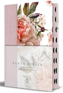 Biblia Reina Valera Revisada 1960 letra súper gigante, tapa dura con tela y flores rosada, cantos pintados e índice