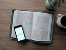 Biblia de referencia en la columna central NTV, letra grande de zíper con Filament (SentiPiel, Verde, Índice, Letra Roja)