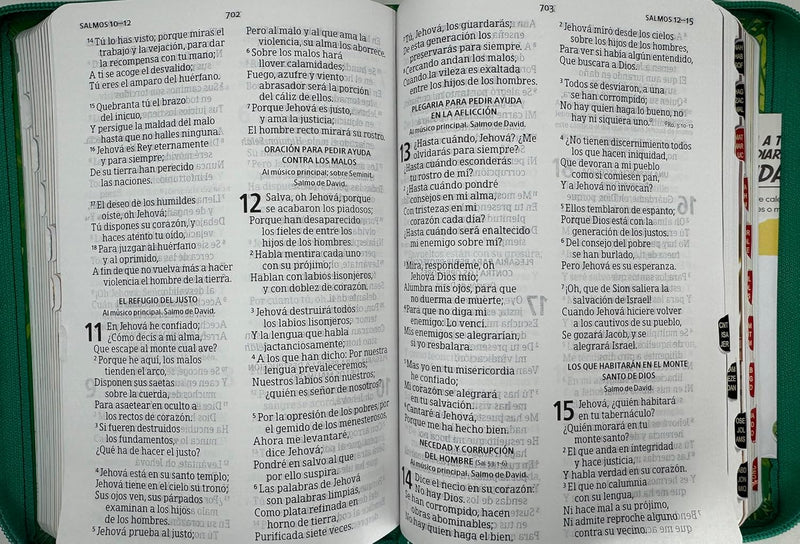 Biblia para Niños Letra Grande Interactiva con Cierre RV1960 tela verde con indice 12 puntos