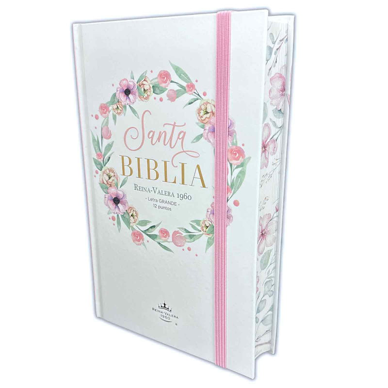 Biblia Letra Grande 12 puntos para Mujer RV1960 tapa dura rosa floral con elástico