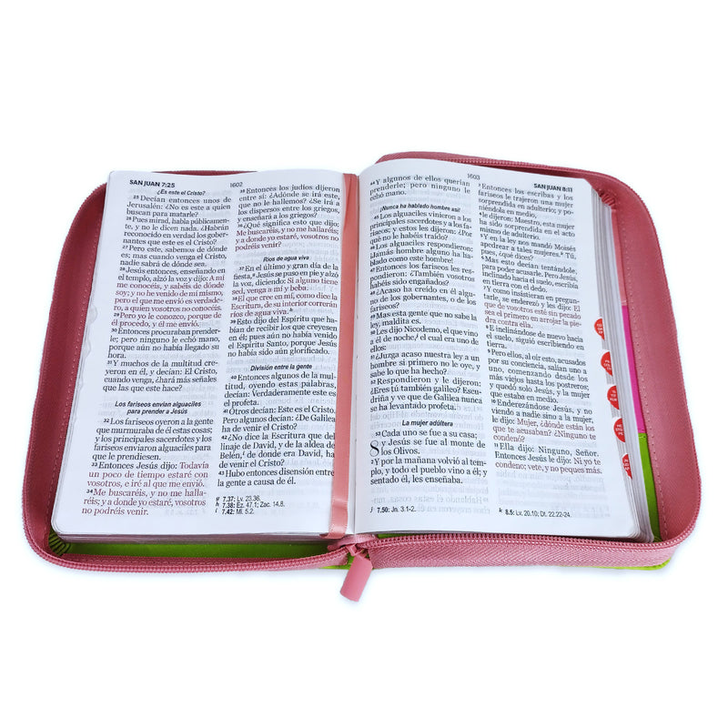 Biblia con Cierre Compacta 11 puntos RV1960 imit tricolor rosa/fucsia/lima con índice