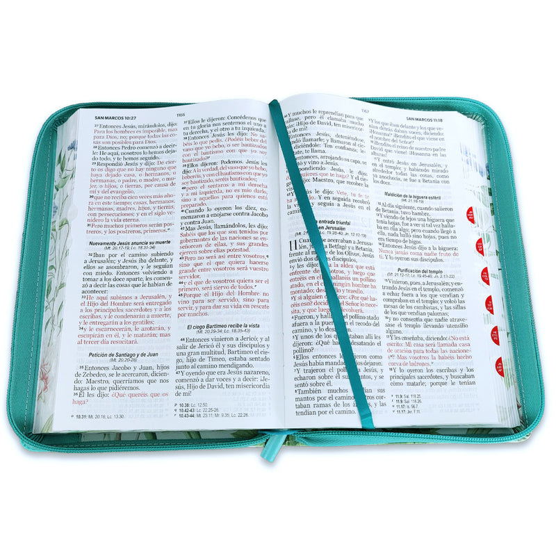 Biblia con Cierre Letra Grande 12 puntos para Mujer RV1960 imit piel turquesa floral con índice, canto floral, y asa de mano