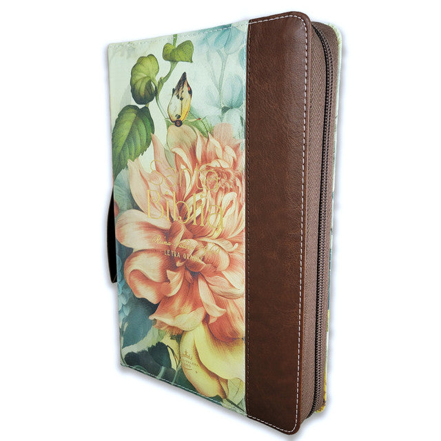 Biblia con Cierre Letra Grande 12 puntos para Mujer RV1960 imit piel marrón floral con índice, canto floral, y asa de mano