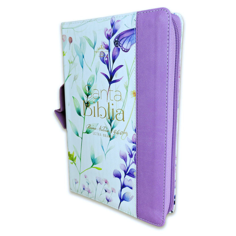 Biblia con Cierre Letra Grande 12 puntos para Mujer RV1960 imit piel lila con índice, canto floral, y asa de mano