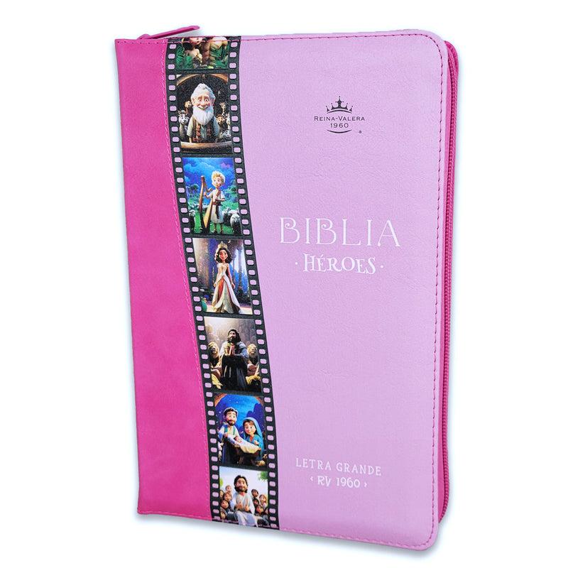 Biblia Héroes de la Fe con Cierre  con letra grande  RV1960 imit piel rosa