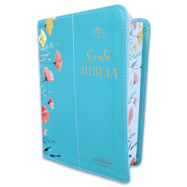 Biblia Portátil 12 puntos RV1960, imit piel flores turquesa con canto floral