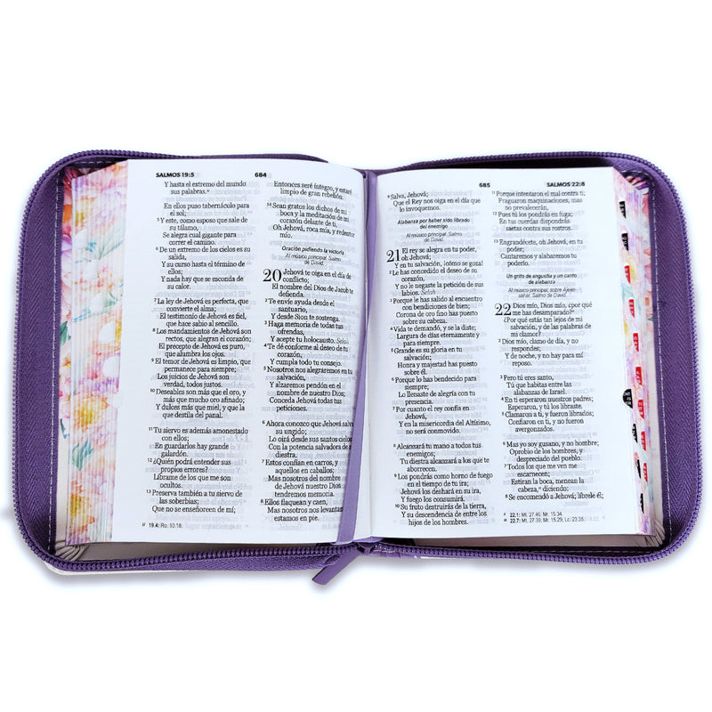 Biblia de Bolsillo con Cierre para Mujer RV1960 imit piel lila con índice y canto floral