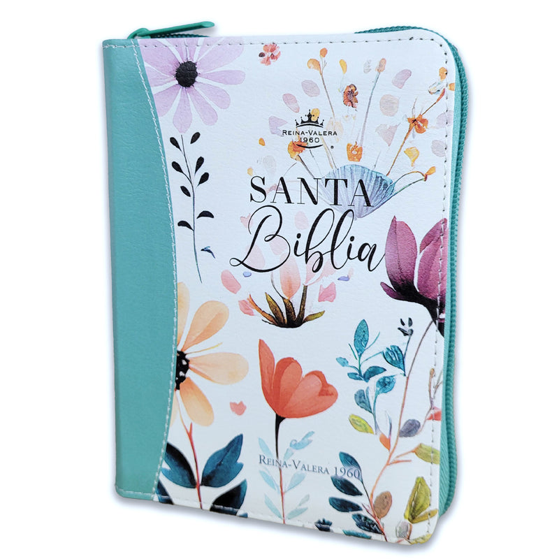 Biblia de Bolsillo con Cierre para Mujer RV1960 imit piel turquesa con índice y canto floral