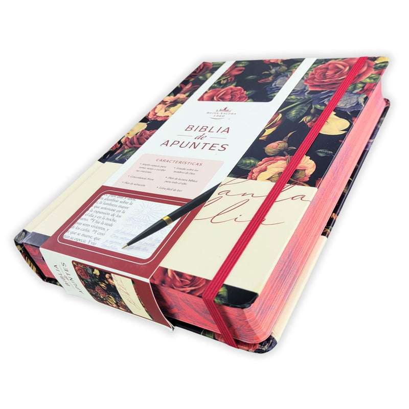 Biblia de Apuntes con Margen Amplio RV1960, tapa dura azul marino floral con canto rojo floral