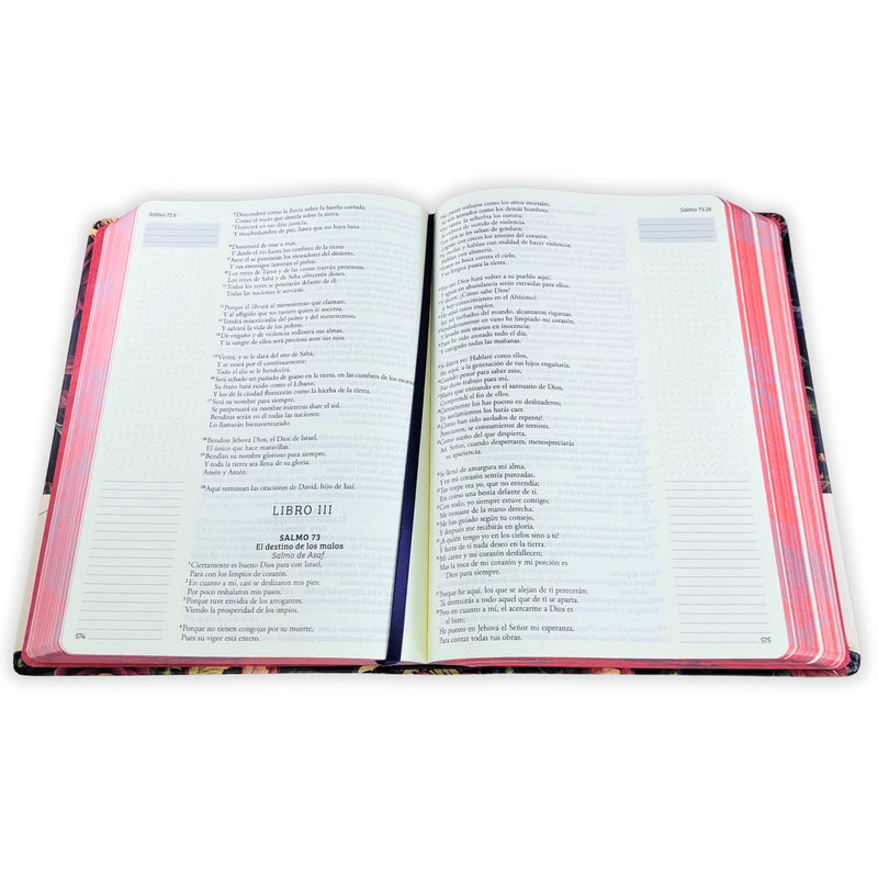 Biblia de Apuntes con Margen Amplio RV1960, tapa dura azul marino floral con canto rojo floral