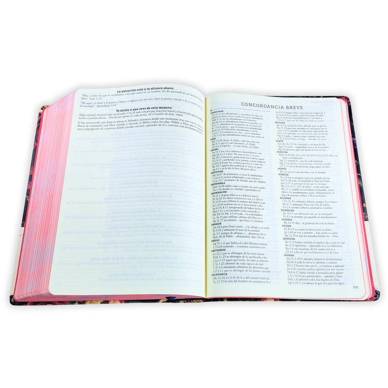 Biblia de Apuntes con Margen Amplio RV1960, tapa dura azul marino floral con canto rojo floral