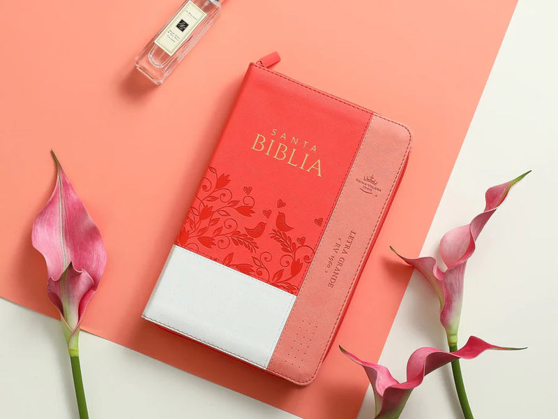 Biblia con Cierre Letra Grande 12 puntos para Mujer RV1960 imit piel blanco y coral pájaros con índice