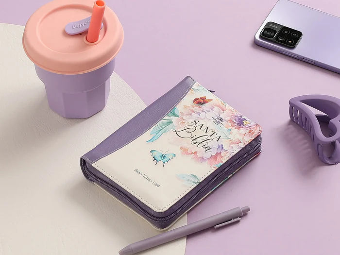 Biblia de Bolsillo con Cierre para Mujer RV1960 imit piel lila con índice y canto floral