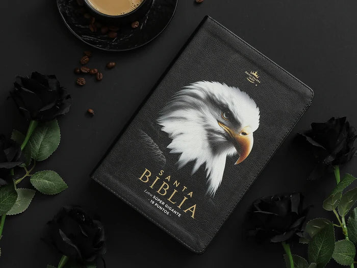 Biblia Letra Súper Gigante 19 puntos Mediana RV1960 imit piel negro águila y canto con mensaje