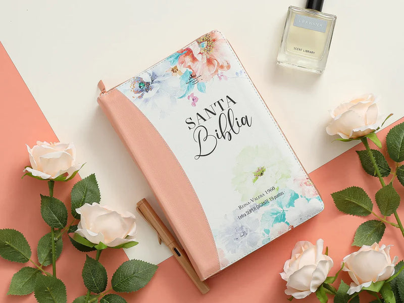 Biblia con Cierre Letra Súper Gigante 19 puntos Mediana RV1960 imit piel jardín coral con índice y canto floral