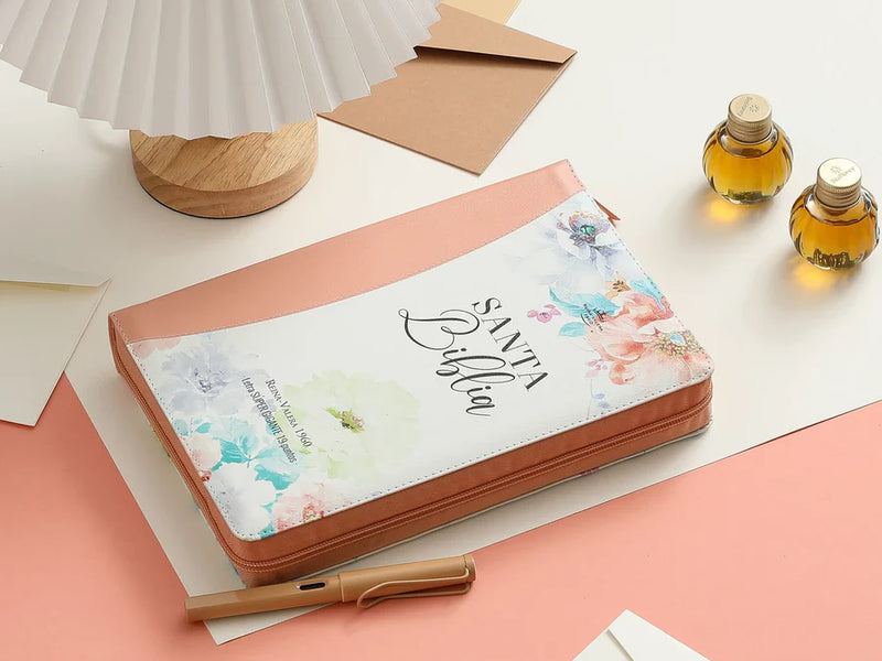 Biblia con Cierre Letra Súper Gigante 19 puntos Mediana RV1960 imit piel jardín coral con índice y canto floral