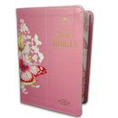 Biblia Portátil  mujer 12 puntos RV1960, imit piel flores rosa con canto floral