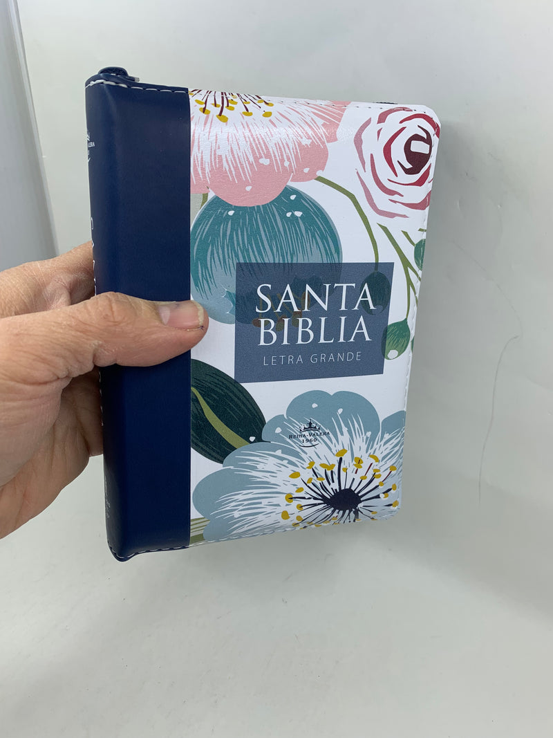 Biblia mujer  letra grande tamaño portátil rv1960 azul flores cierre índice