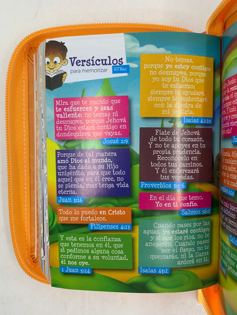 Biblia para niños ilustrada rv1960 piel naranja con índice tamaño bolsillo