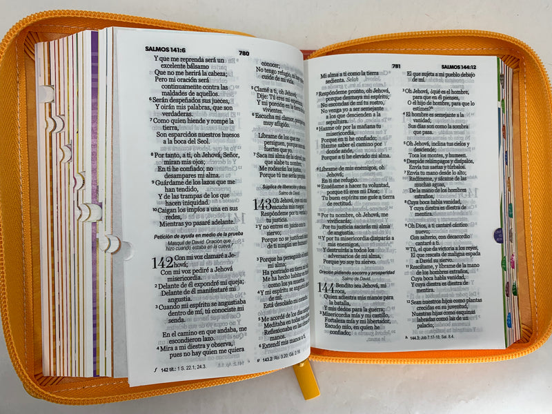 Biblia para niños ilustrada rv1960 piel naranja con índice tamaño bolsillo