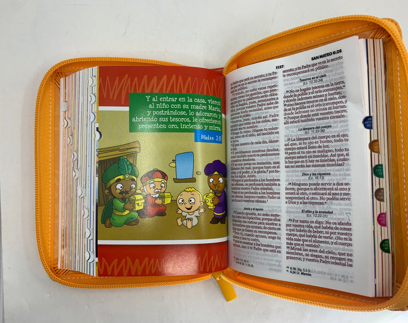 Biblia para niños ilustrada rv1960 piel naranja con índice tamaño bolsillo