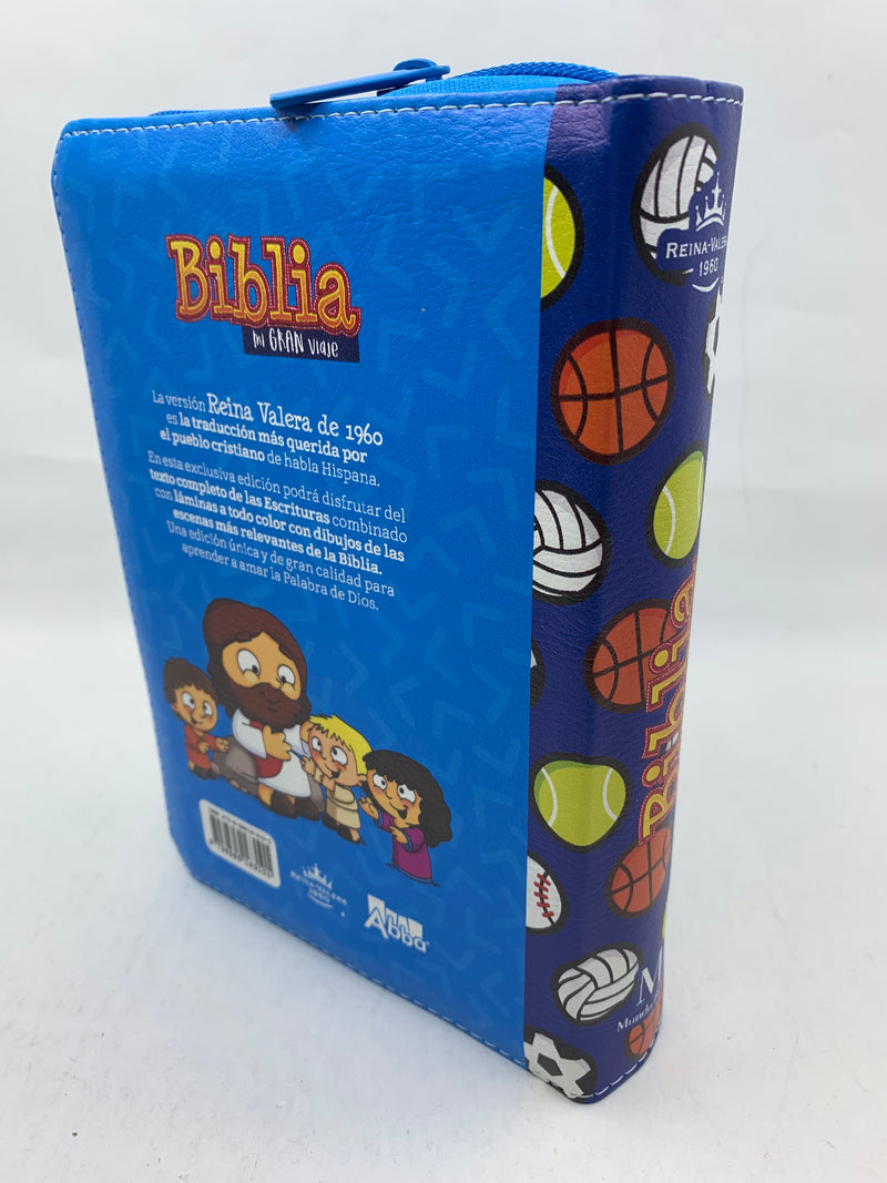 Biblia para niños letra grande mi gran viaje RV1960 azul balones con cierre