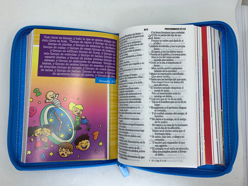 Biblia para niños letra grande mi gran viaje RV1960 azul balones con cierre