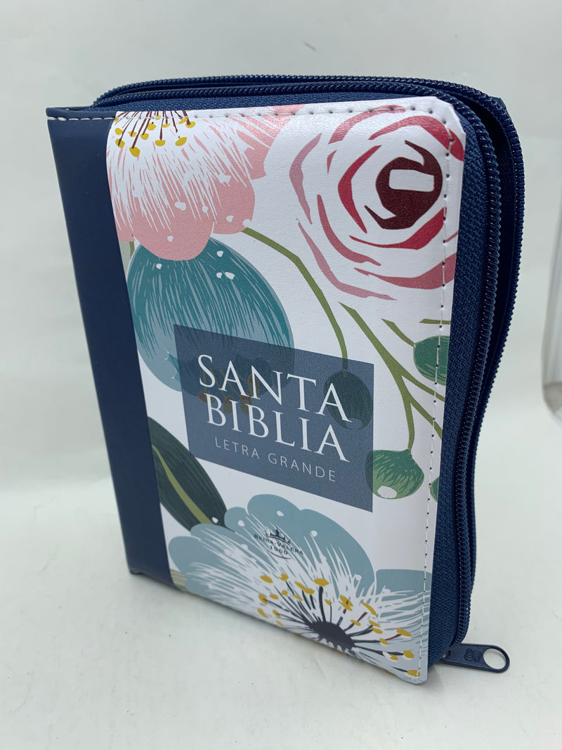 Biblia mujer  letra grande tamaño portátil rv1960 azul flores cierre índice