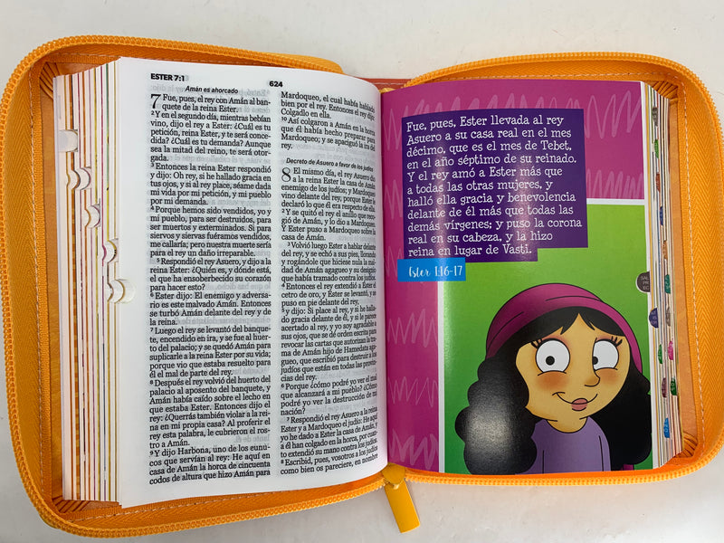 Biblia para niños ilustrada rv1960 piel naranja con índice tamaño bolsillo