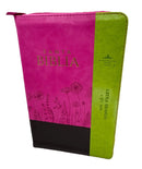 Biblia para Mujer 12 puntos RV1960 imit piel marron/fucsia/lima con indice