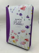 Bíblia letra grande para mujer portátil 11 puntos reina Valera 1960 flores lila cierre